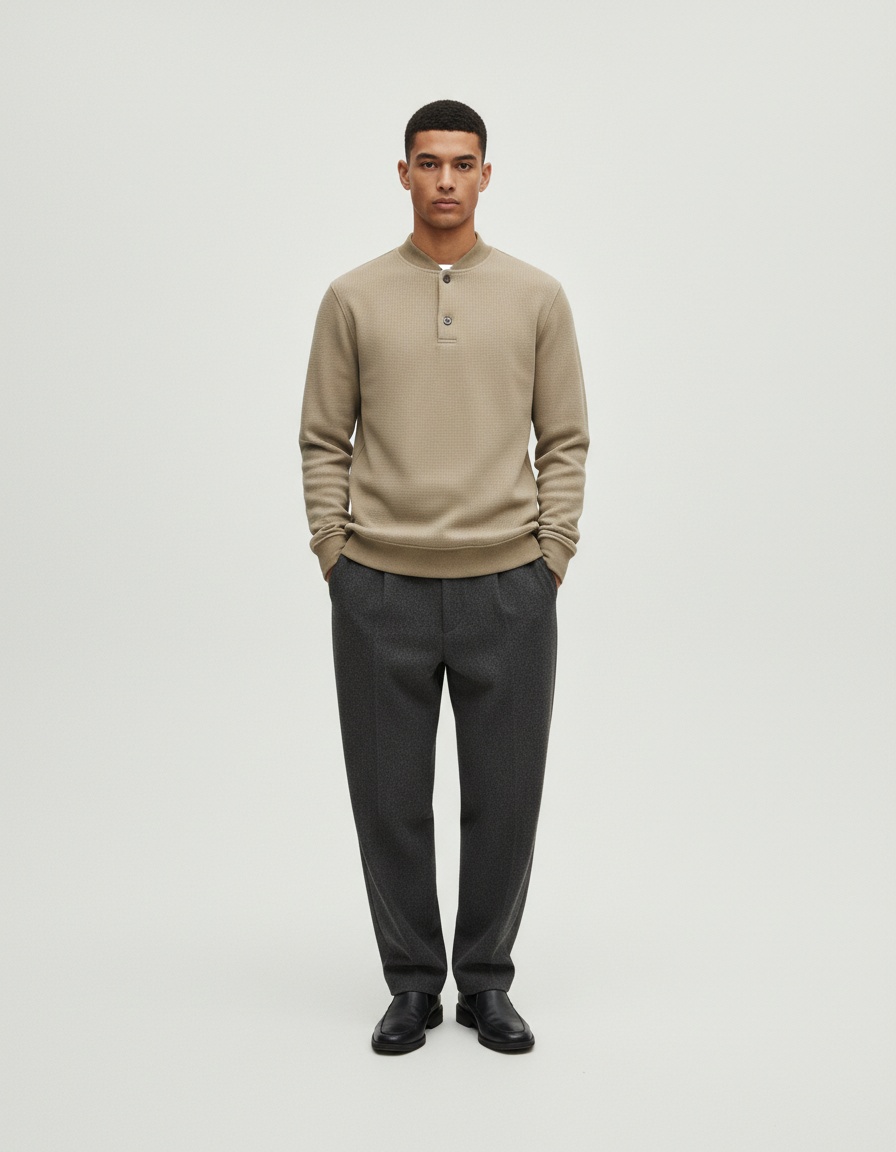 Waffle Knit Fleece-Lined Winter Casual Baseball Collar Men's Sweatshirt