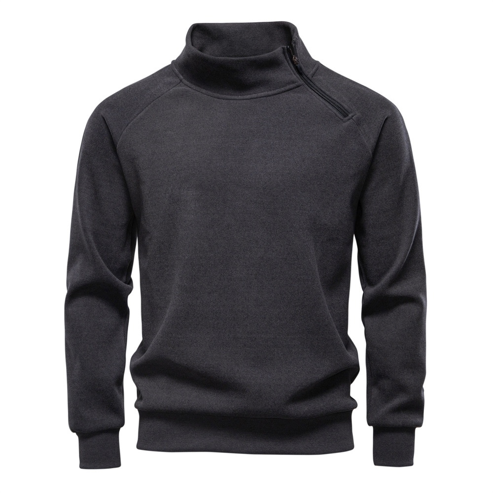 Diagonal Zipper Fleece-Lined Winter Sweatshirt with Stand Collar for Men's Outerwear