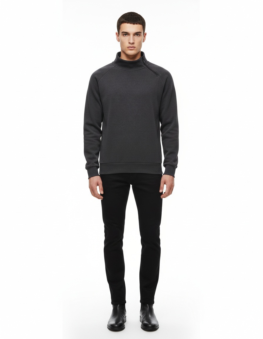 Diagonal Zipper Fleece-Lined Winter Sweatshirt with Stand Collar for Men's Outerwear