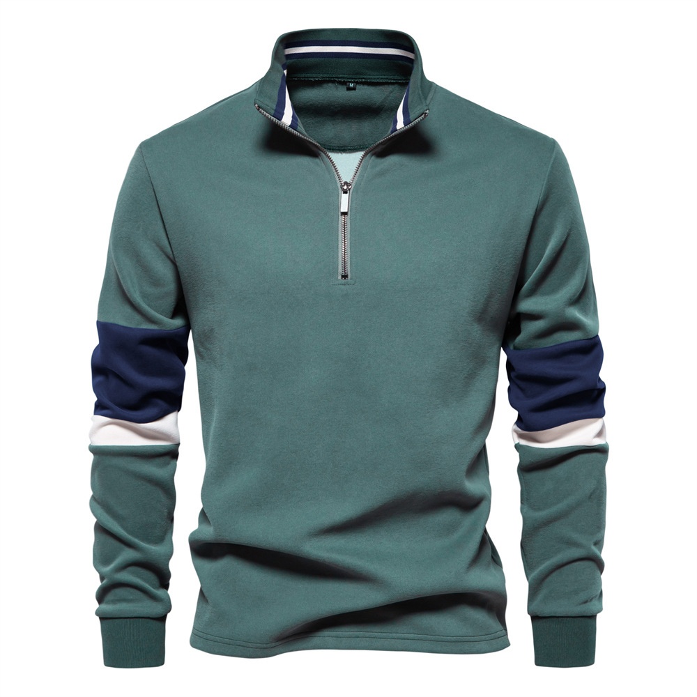 Color Block Long-Sleeved Polo Neck Men's Sweatshirt for Autumn and Winter Casual Wear