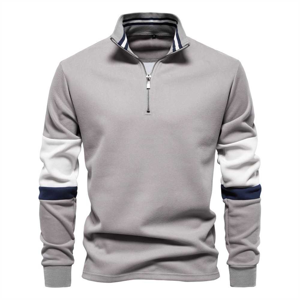 Color Block Long-Sleeved Polo Neck Men's Sweatshirt for Autumn and Winter Casual Wear