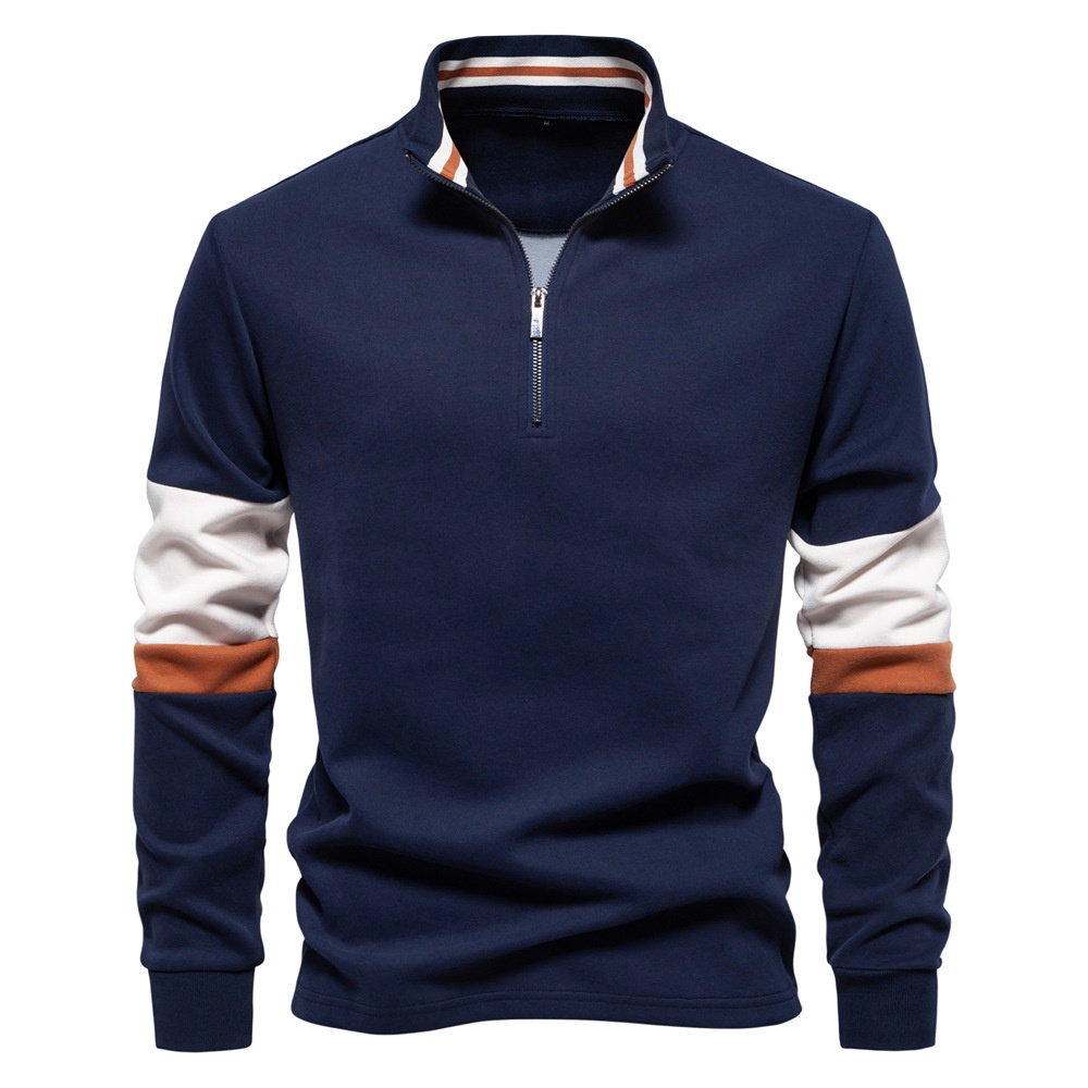 Color Block Long-Sleeved Polo Neck Men's Sweatshirt for Autumn and Winter Casual Wear