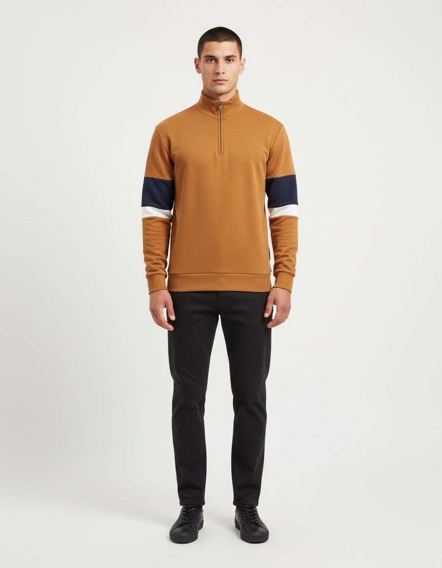 Color Block Long-Sleeved Polo Neck Men's Sweatshirt for Autumn and Winter Casual Wear