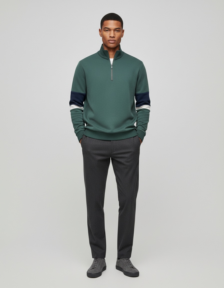 Color Block Long-Sleeved Polo Neck Men's Sweatshirt for Autumn and Winter Casual Wear