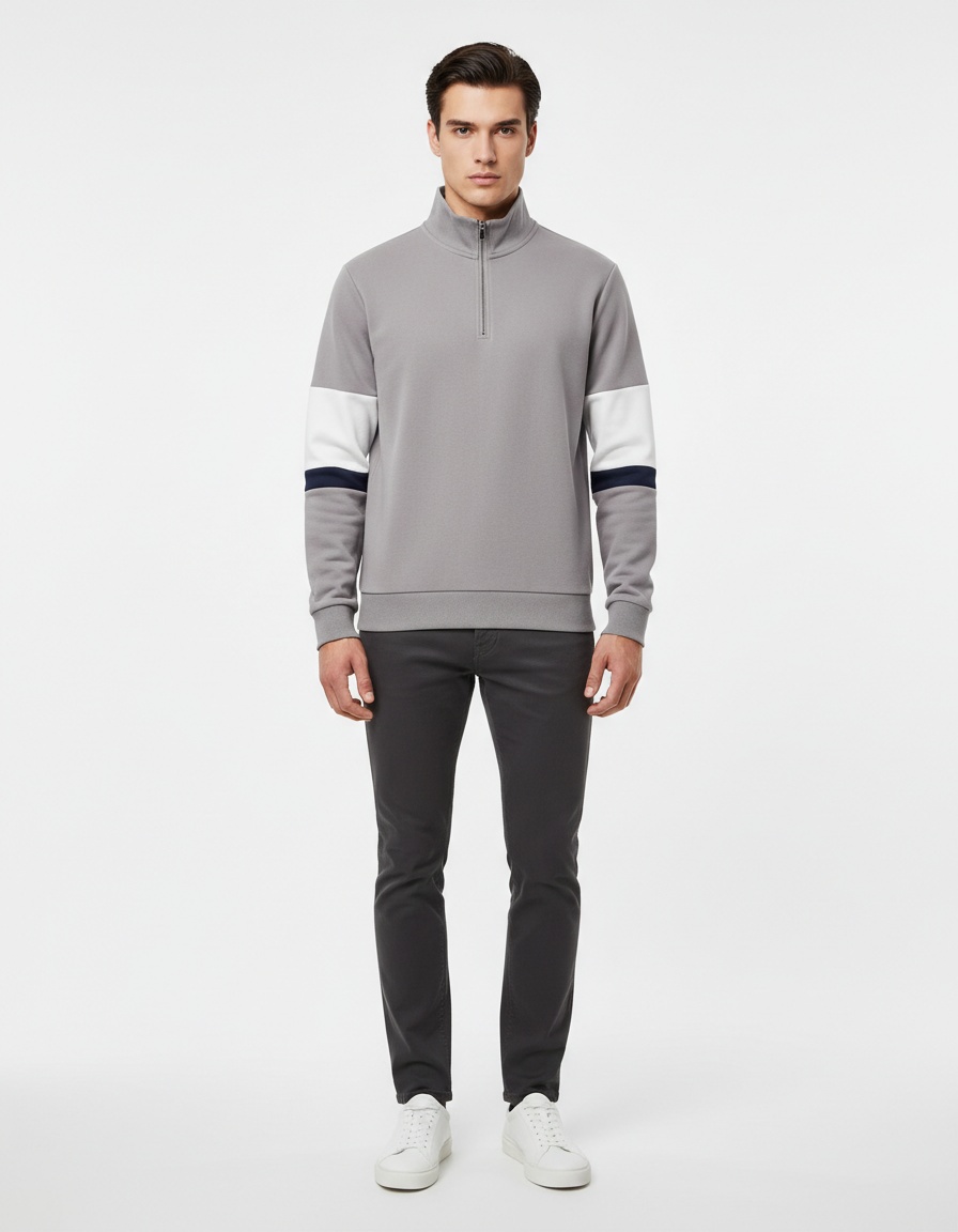 Color Block Long-Sleeved Polo Neck Men's Sweatshirt for Autumn and Winter Casual Wear