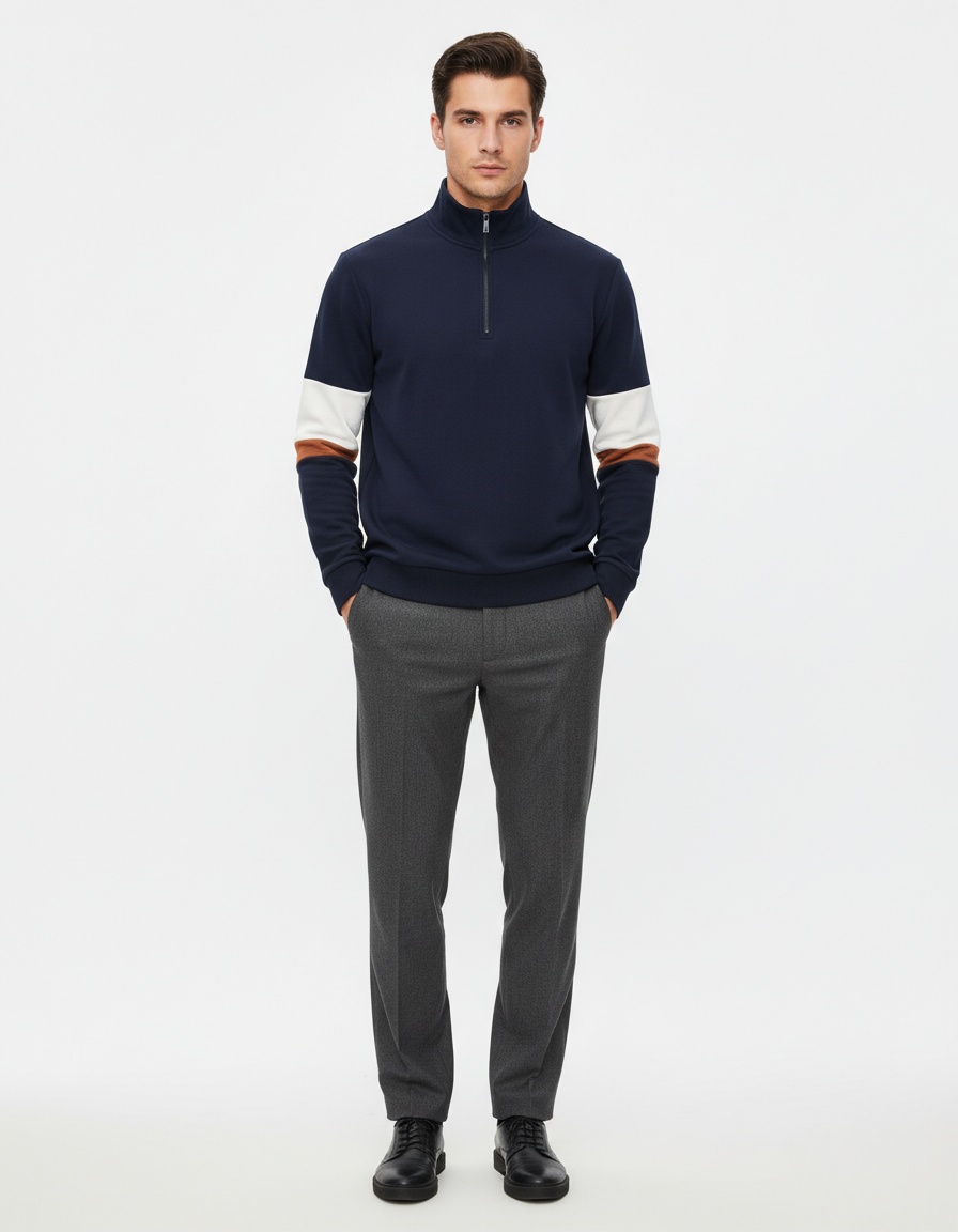 Color Block Long-Sleeved Polo Neck Men's Sweatshirt for Autumn and Winter Casual Wear