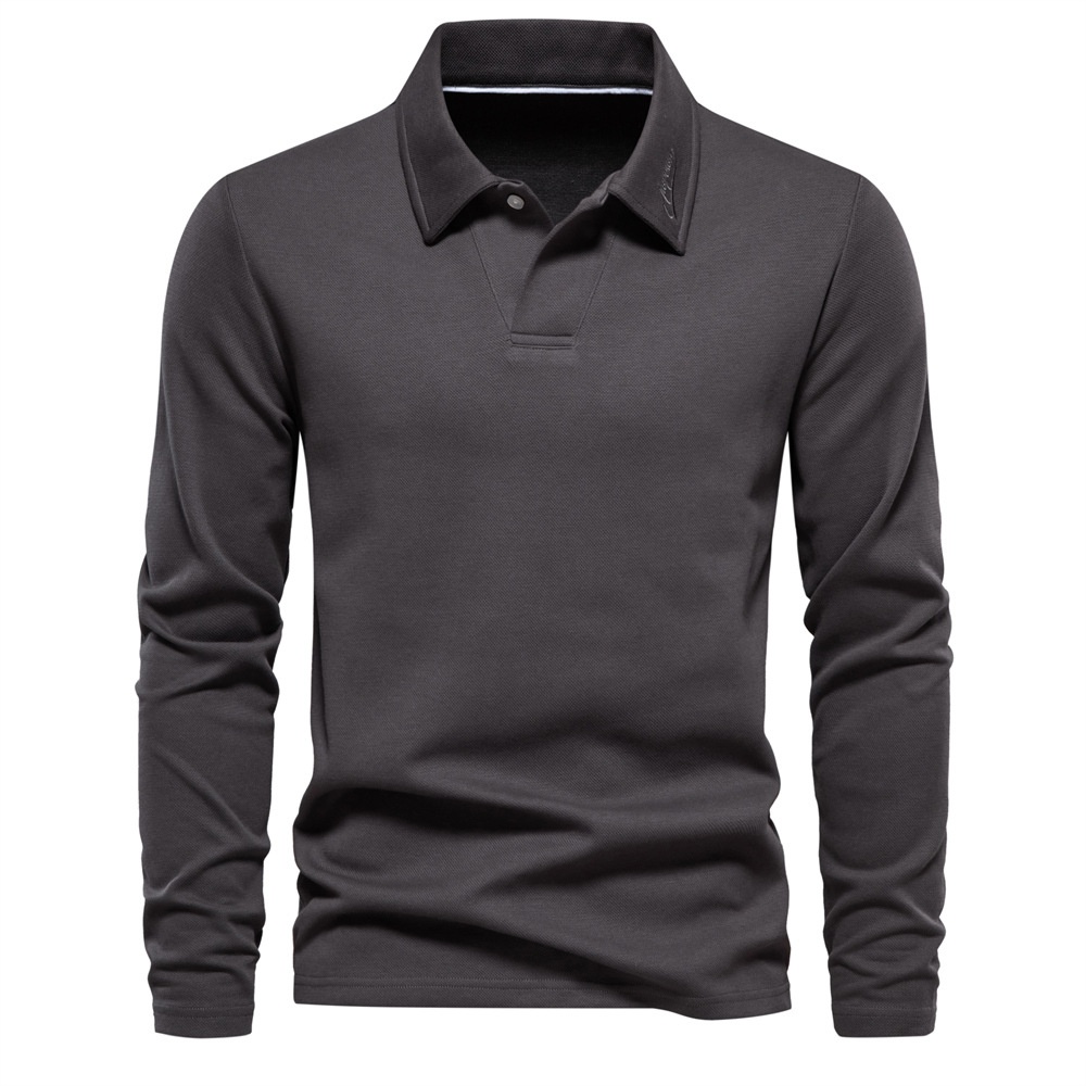 Polo homme à manches longues, couleur unie, avec col à revers