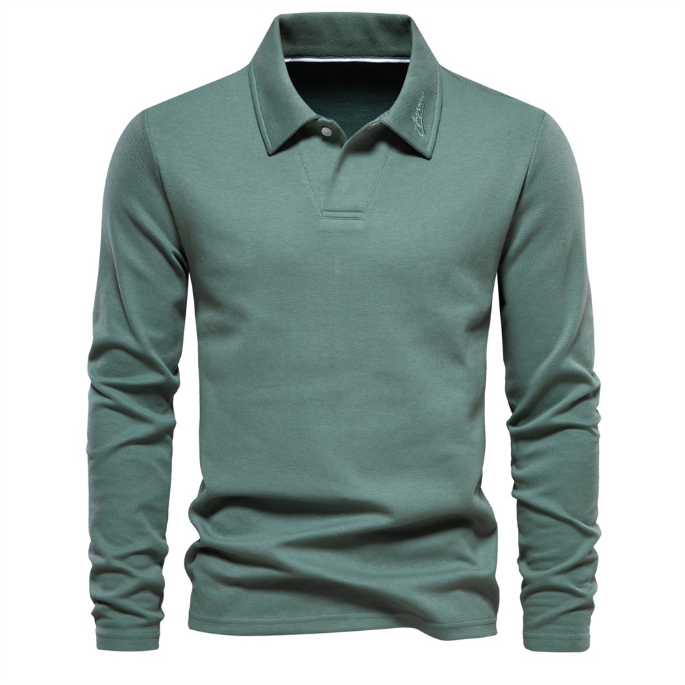 Polo homme à manches longues, couleur unie, avec col à revers