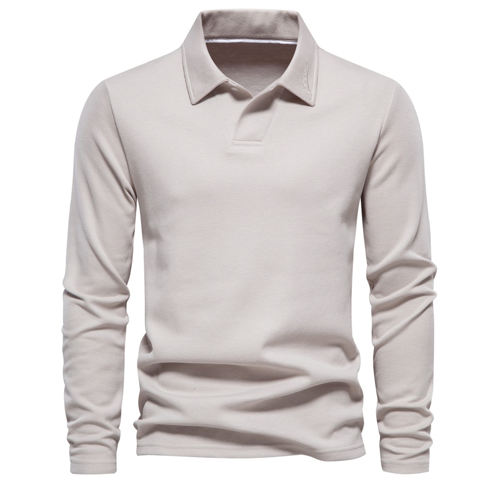 Polo homme à manches longues, couleur unie, avec col à revers