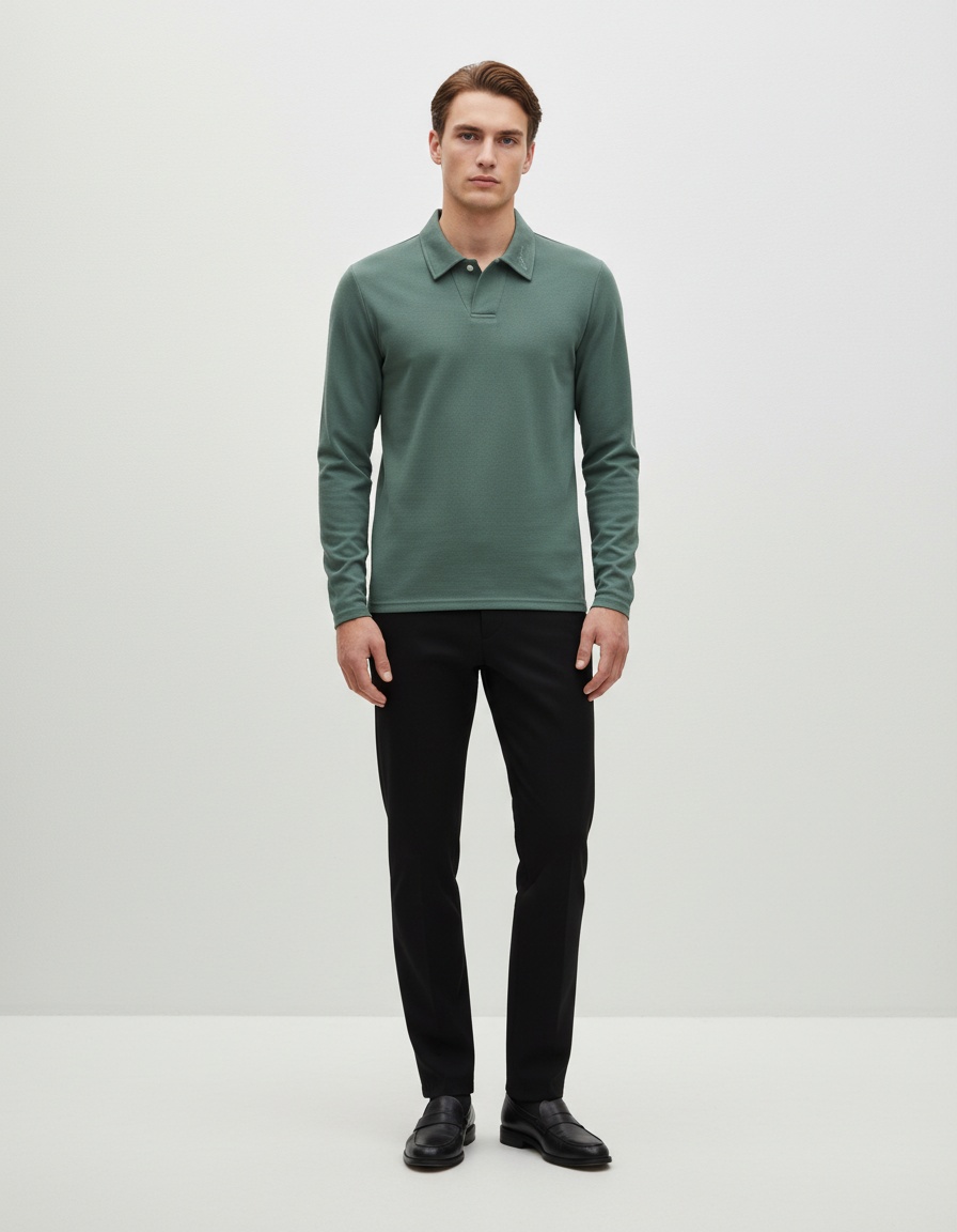 Polo homme à manches longues, couleur unie, avec col à revers