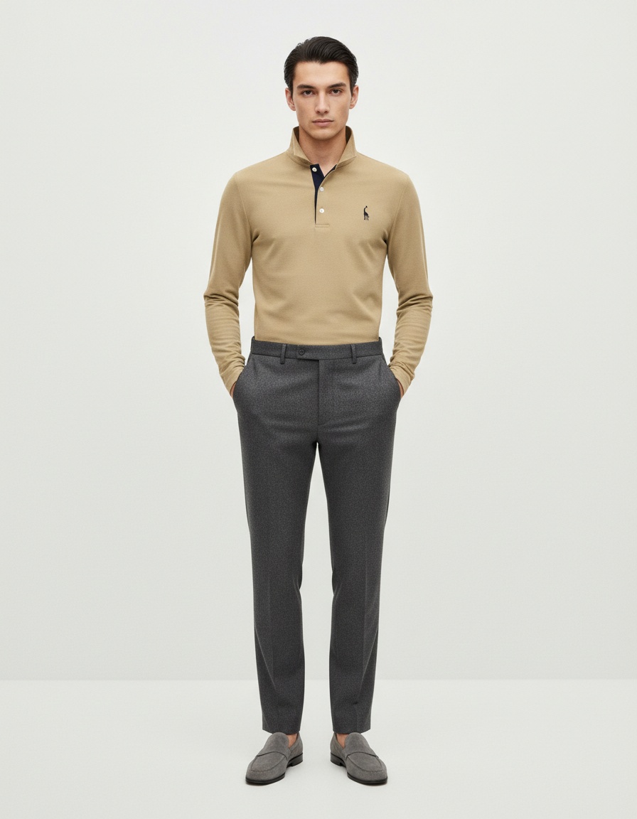 Long-Sleeve Men's Polo Shirt in Breathable Casual Style with Embroidered Detail