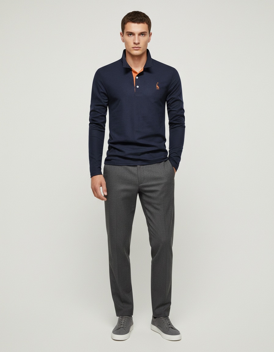 Long-Sleeve Men's Polo Shirt in Breathable Casual Style with Embroidered Detail