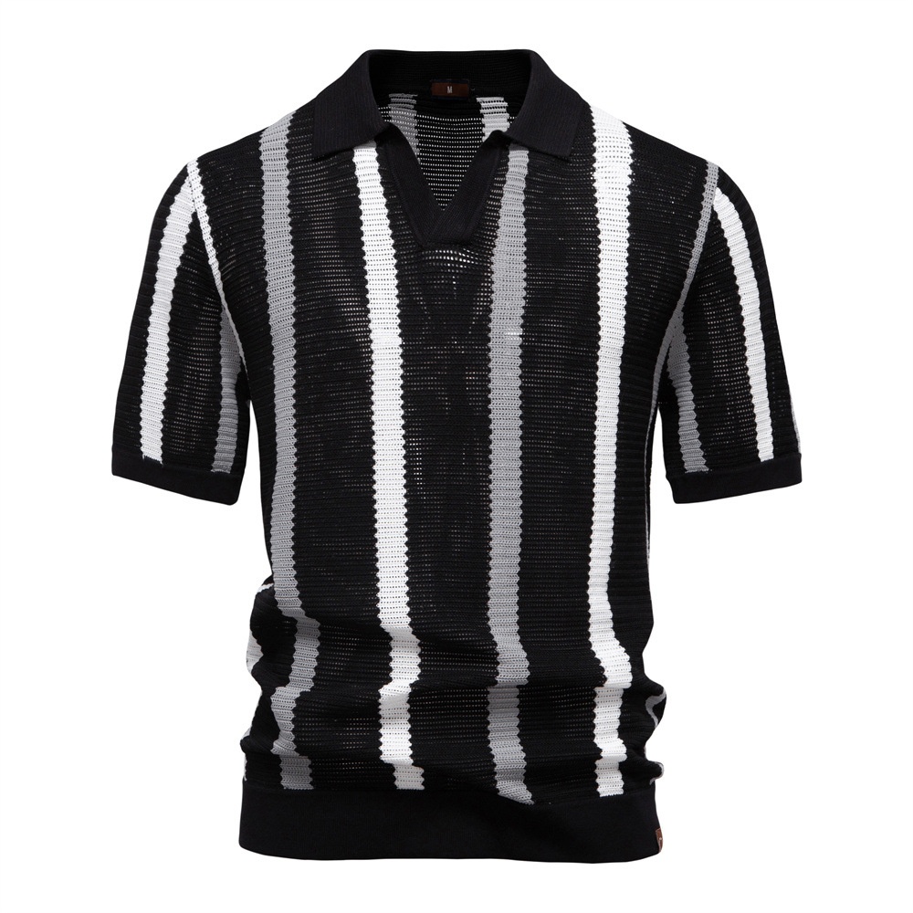 Breathable Hollow-Out Striped Knit Men's Polo Shirt for Summer