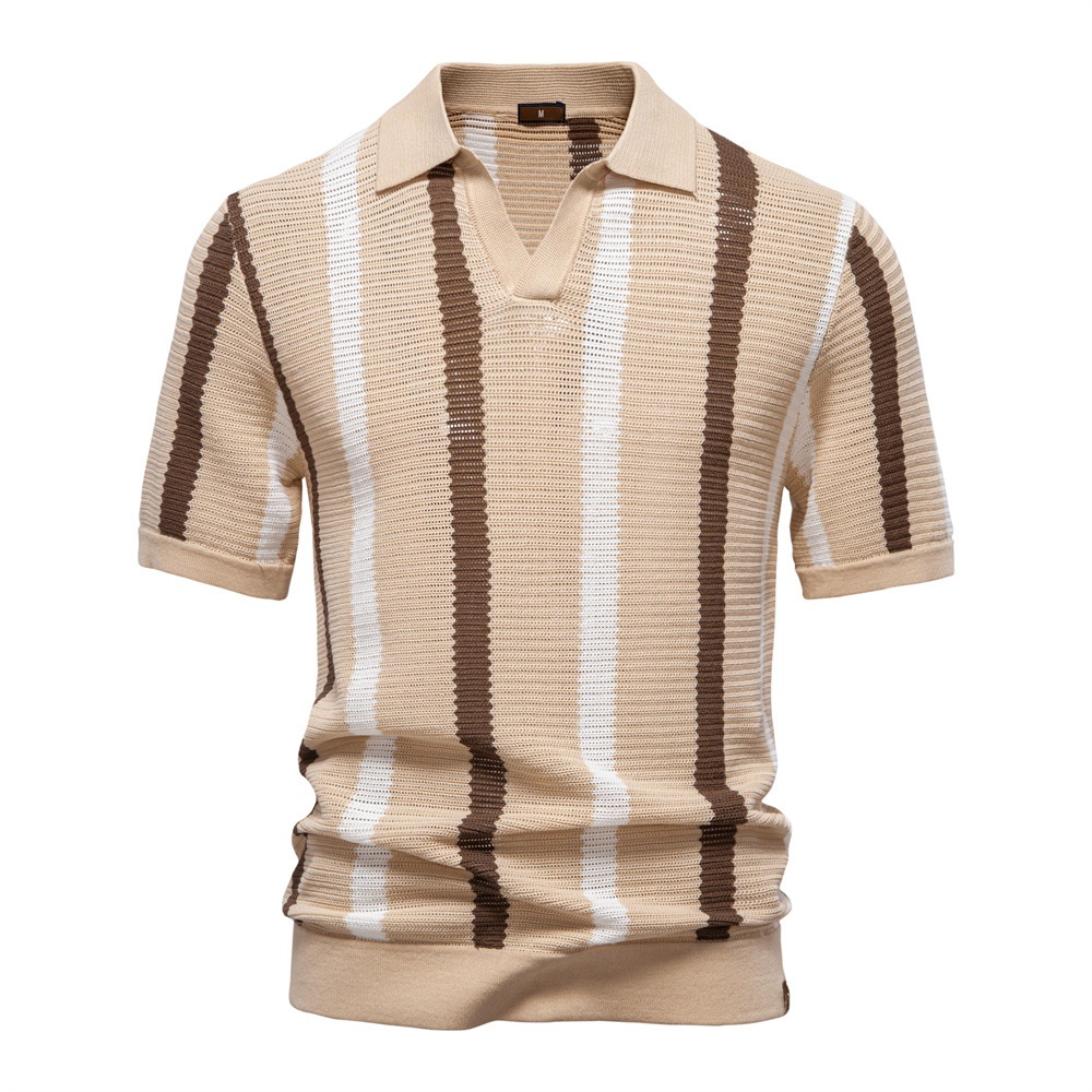 Breathable Hollow-Out Striped Knit Men's Polo Shirt for Summer