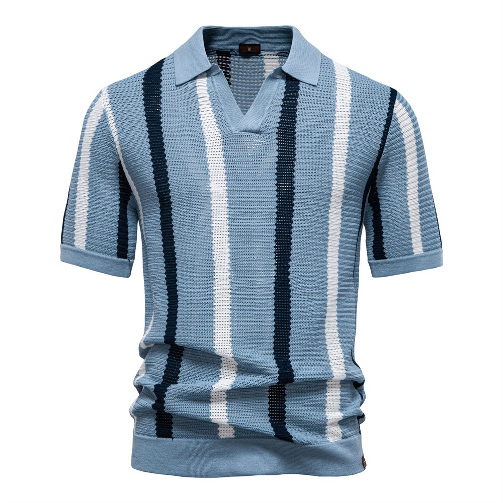 Breathable Hollow-Out Striped Knit Men's Polo Shirt for Summer