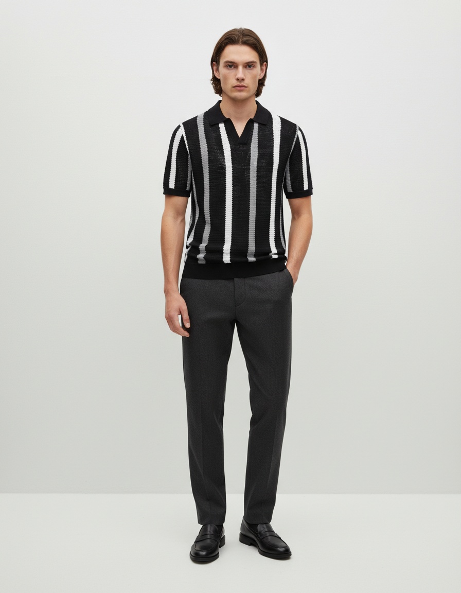 Breathable Hollow-Out Striped Knit Men's Polo Shirt for Summer