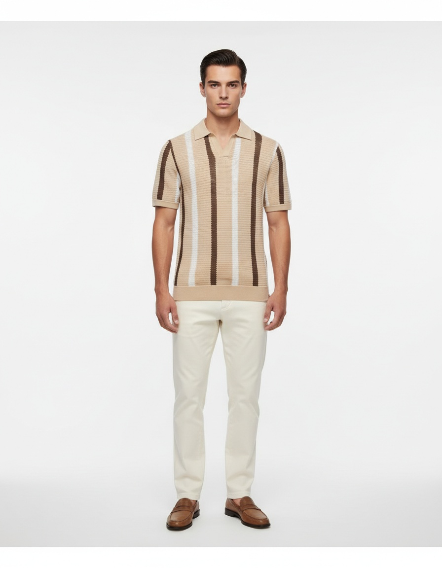 Breathable Hollow-Out Striped Knit Men's Polo Shirt for Summer