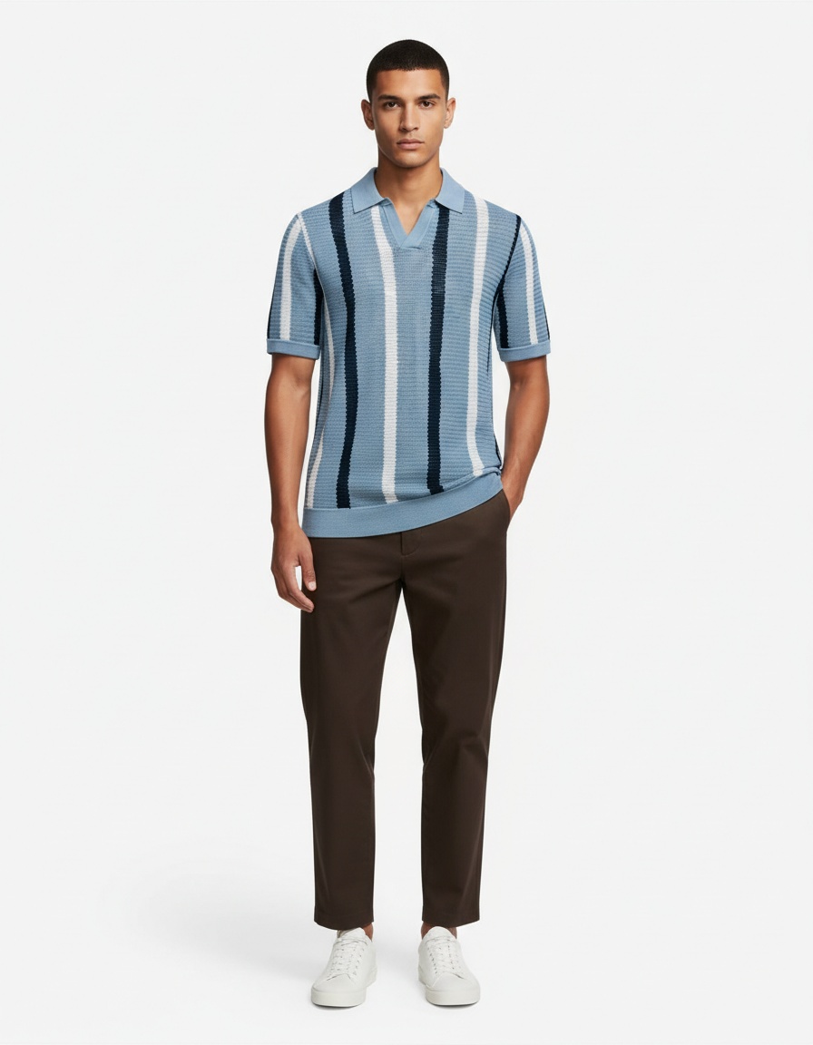 Breathable Hollow-Out Striped Knit Men's Polo Shirt for Summer