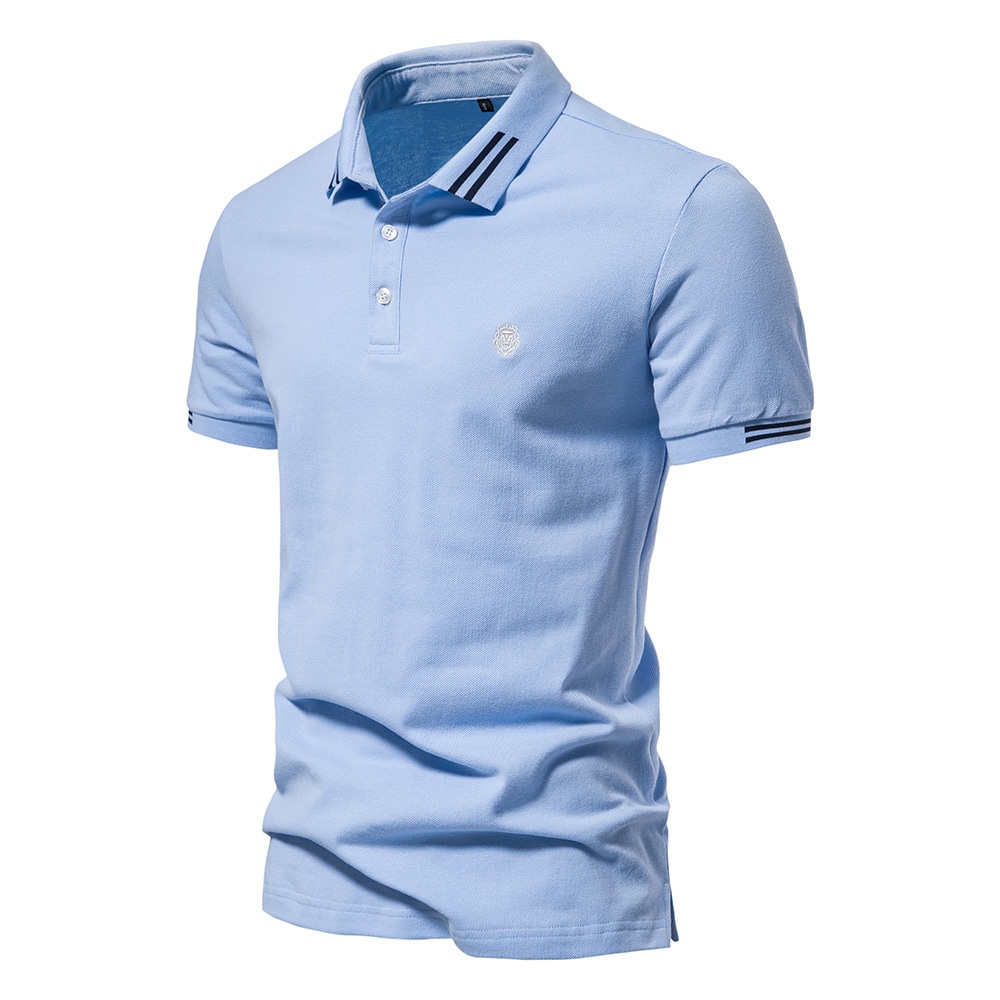 Striped Lapel Short-Sleeve Men's Polo Shirt with Embroidery for Summer Casual Wear