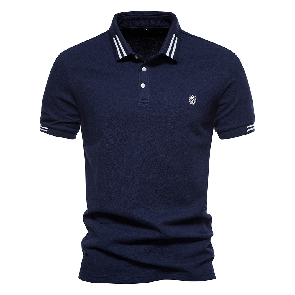 Striped Lapel Short-Sleeve Men's Polo Shirt with Embroidery for Summer Casual Wear