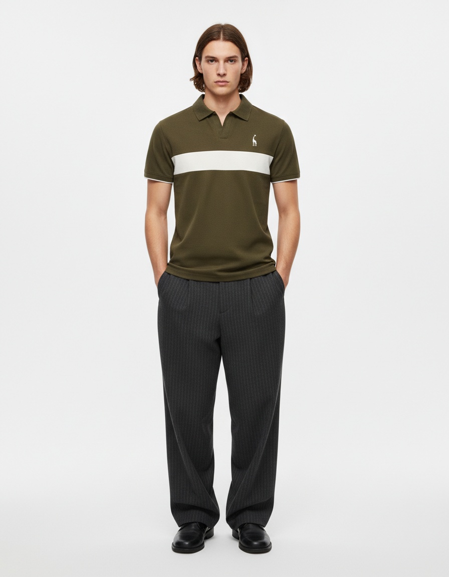 Short-Sleeve Patchwork V-Neck Men's Polo Shirt with Deer Embroidery for Summer