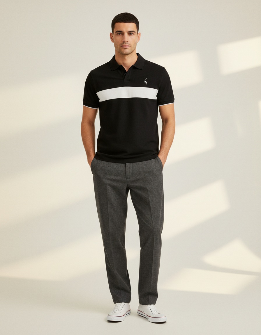 Short-Sleeve Patchwork V-Neck Men's Polo Shirt with Deer Embroidery for Summer