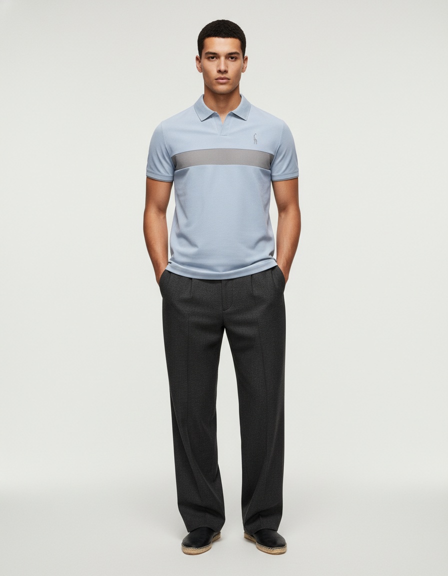 Short-Sleeve Patchwork V-Neck Men's Polo Shirt with Deer Embroidery for Summer