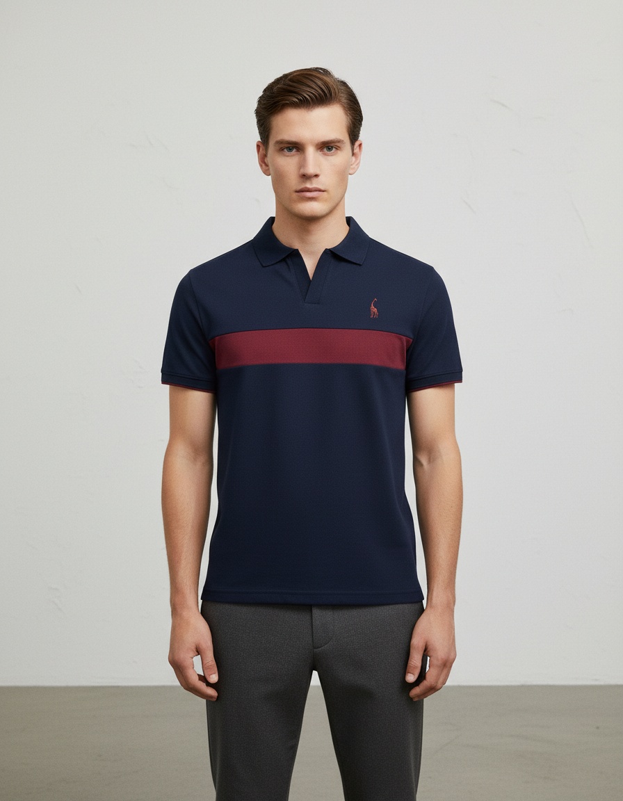 Short-Sleeve Patchwork V-Neck Men's Polo Shirt with Deer Embroidery for Summer