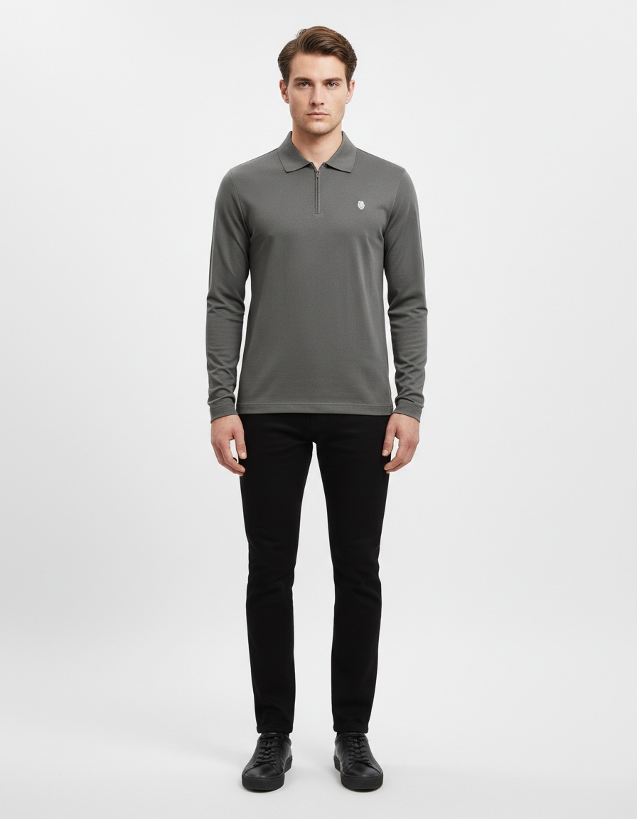Slim Fit Zip-Up Men's Polo Shirt with Embroidered Detail