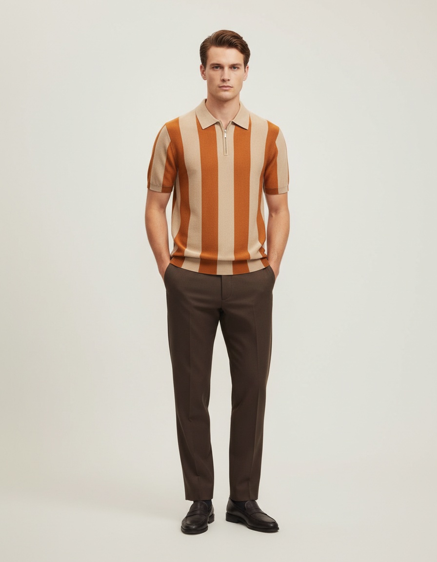 Striped Knitted Short-Sleeve Men's Polo Shirt for Summer Casual Wear