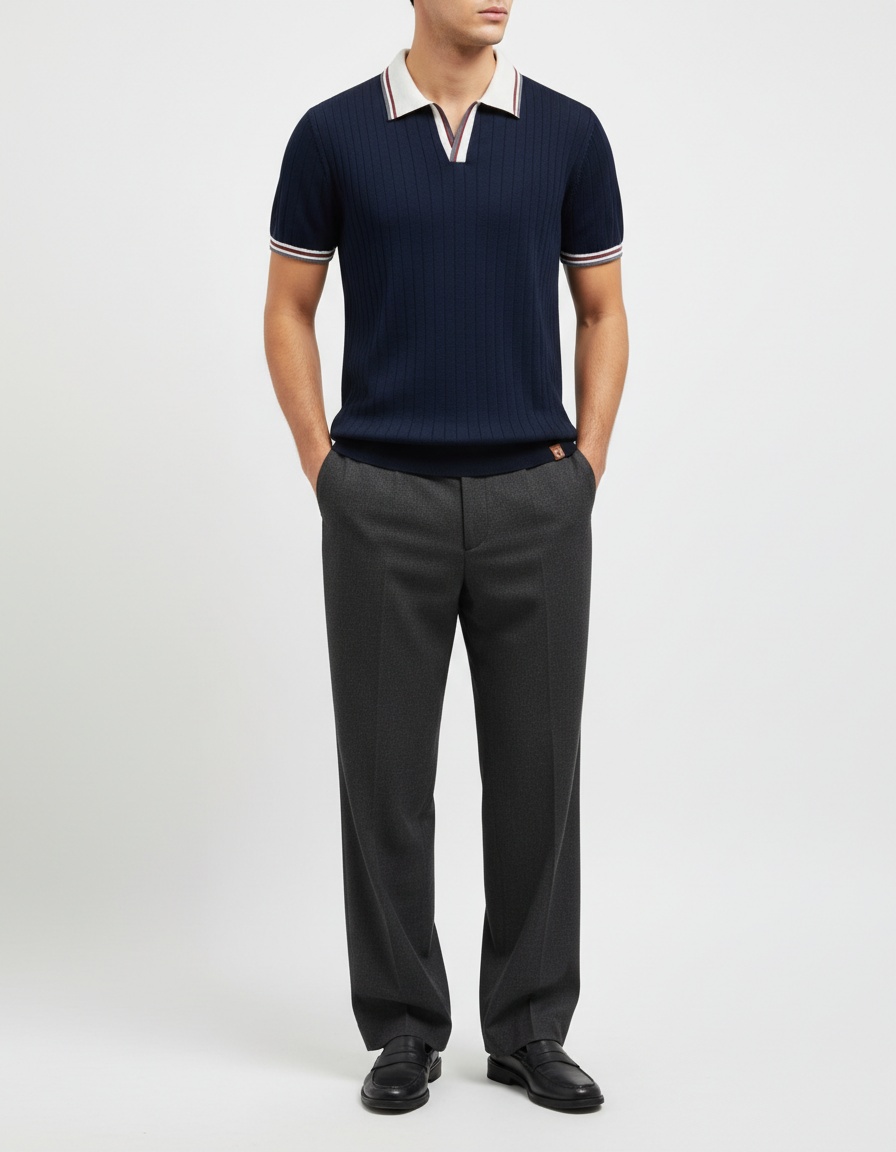 Men's Color Block Business Casual Knitted Short Sleeve Polo Shirt