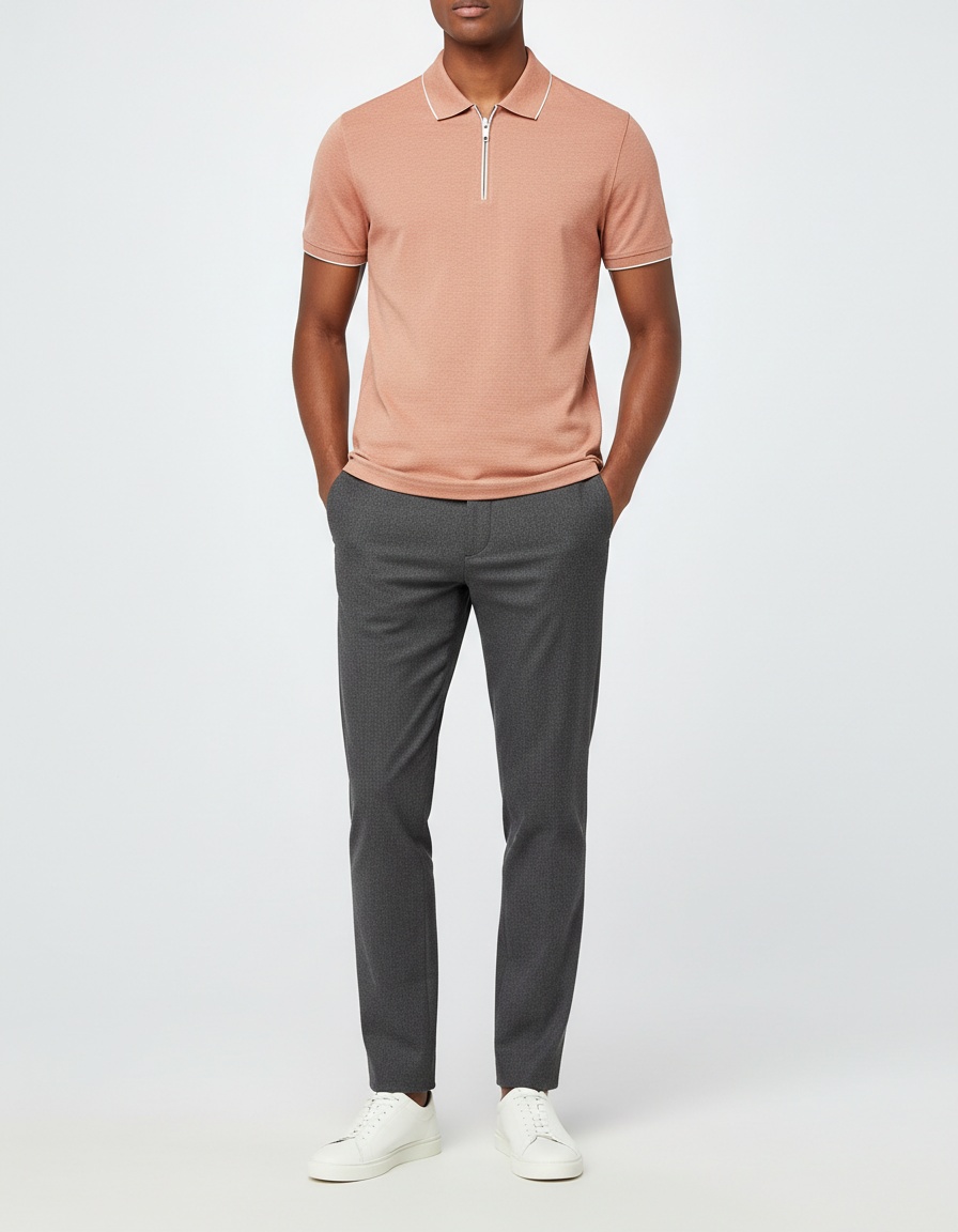 Quarter-Zip Business Casual Men's Polo Shirt with Breathable Short Sleeves