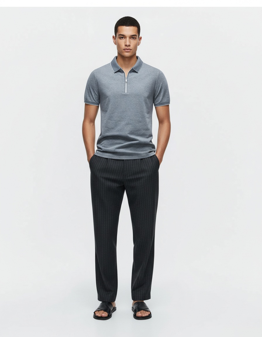 Quarter-Zip Business Casual Men's Polo Shirt with Breathable Short Sleeves