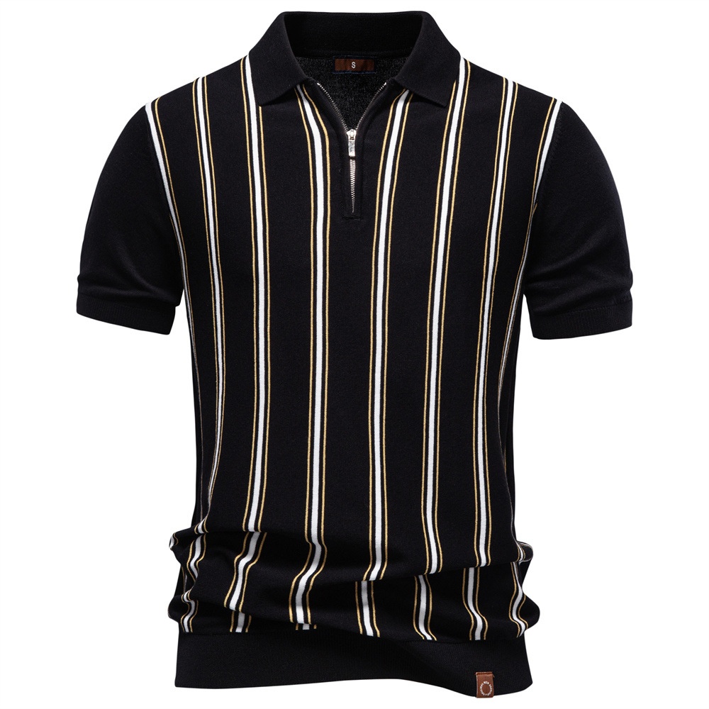 Striped Knitted Short-Sleeve Polo Shirt with Zipper for Men