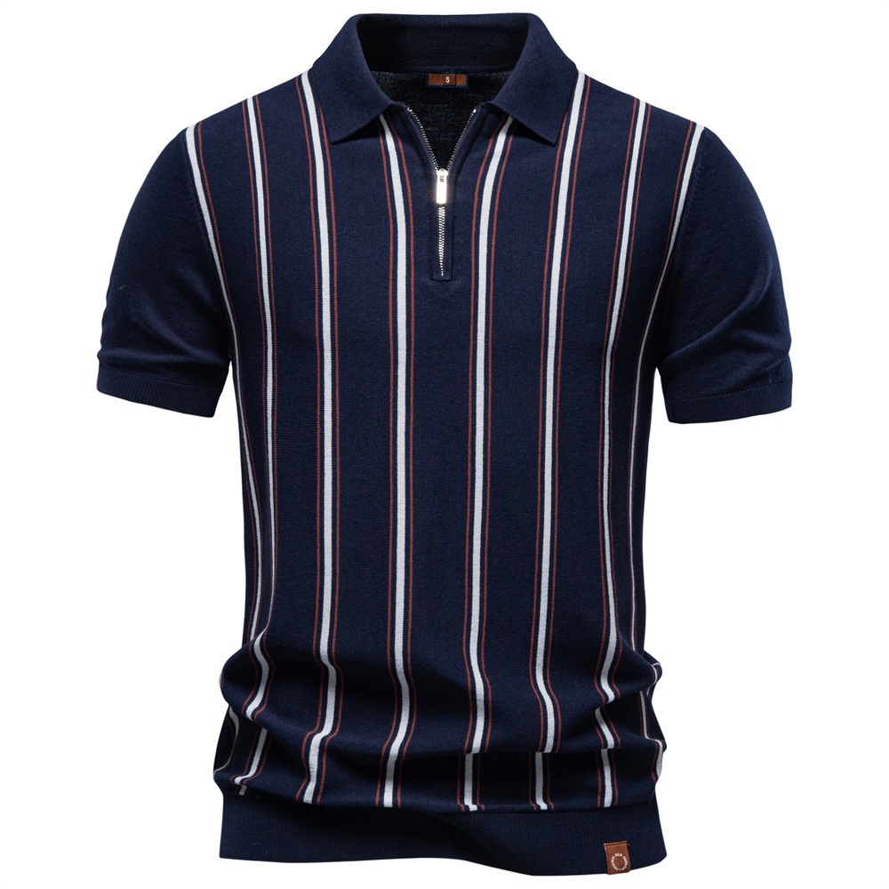 Striped Knitted Short-Sleeve Polo Shirt with Zipper for Men