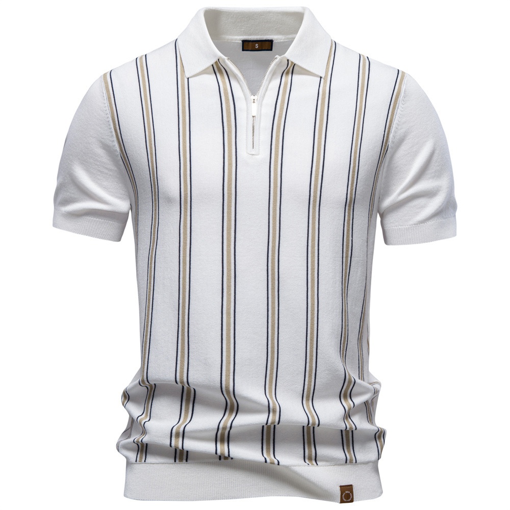 Striped Knitted Short-Sleeve Polo Shirt with Zipper for Men