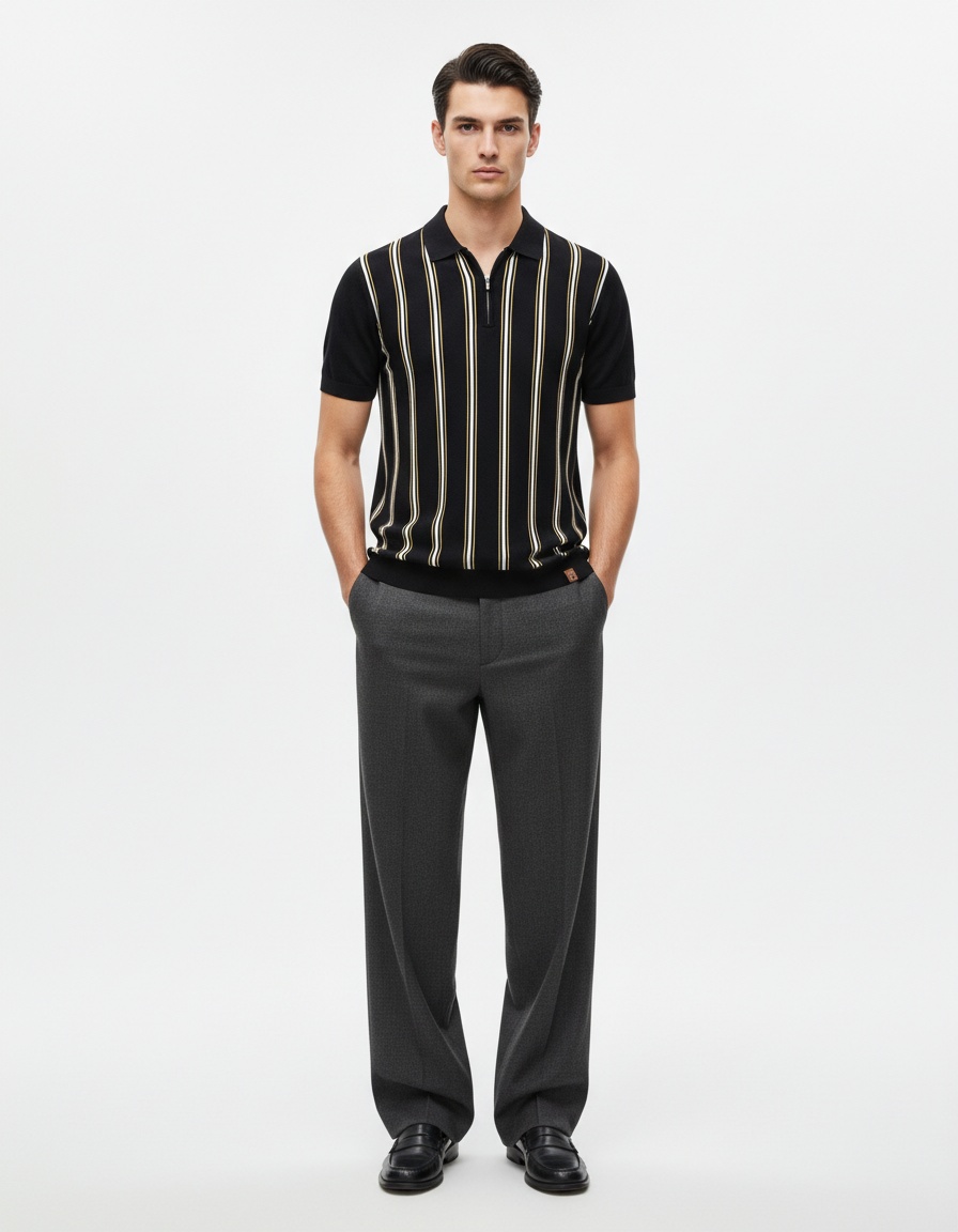 Striped Knitted Short-Sleeve Polo Shirt with Zipper for Men