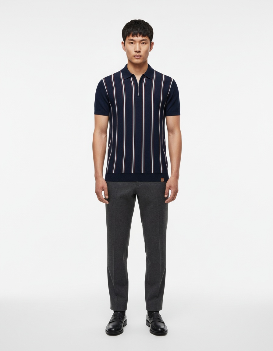 Striped Knitted Short-Sleeve Polo Shirt with Zipper for Men