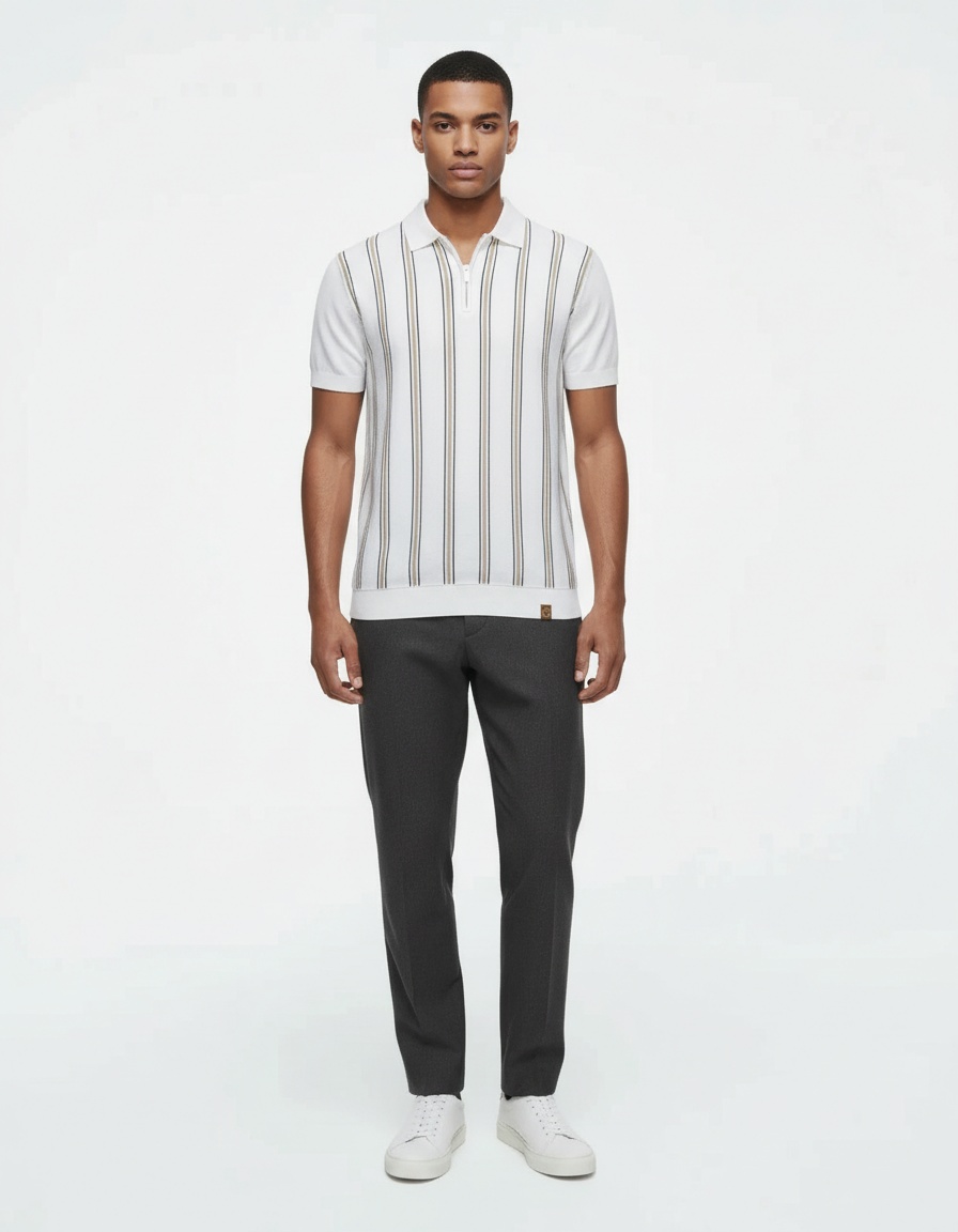 Striped Knitted Short-Sleeve Polo Shirt with Zipper for Men