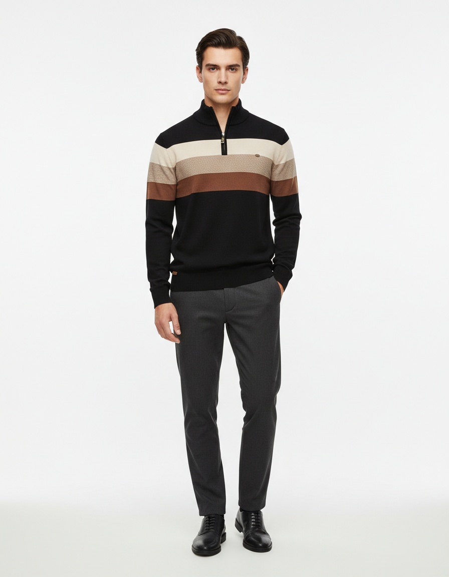 Premium Stand-up Collar Autumn and Winter Pullover Men's Sweater with Open Chest Detail