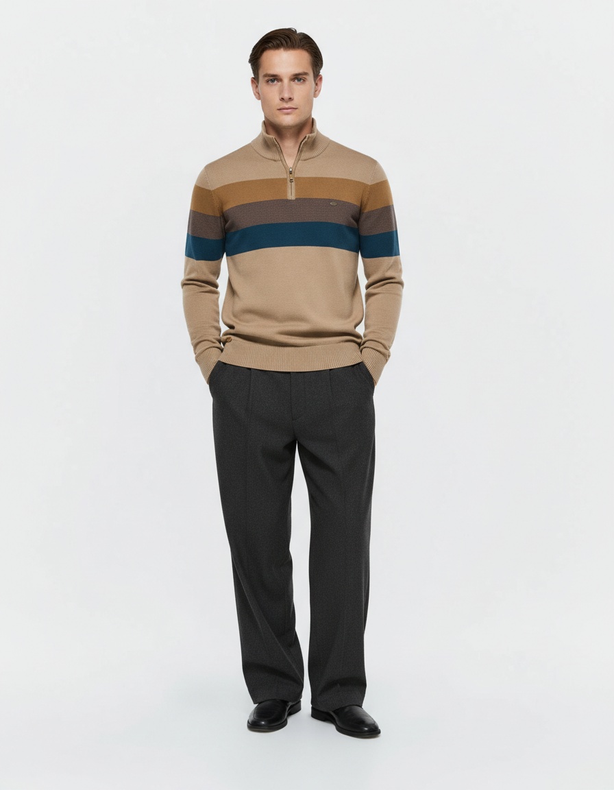 Premium Stand-up Collar Autumn and Winter Pullover Men's Sweater with Open Chest Detail