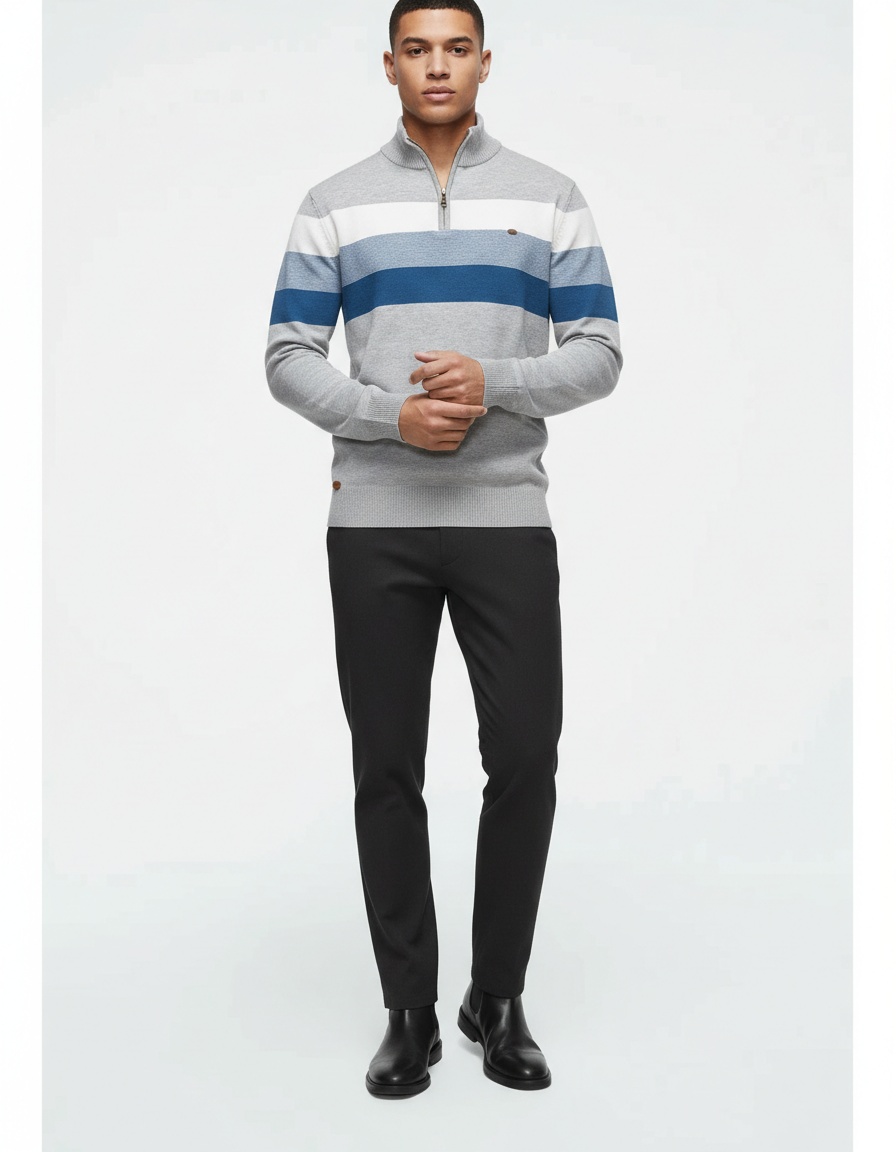 Premium Stand-up Collar Autumn and Winter Pullover Men's Sweater with Open Chest Detail