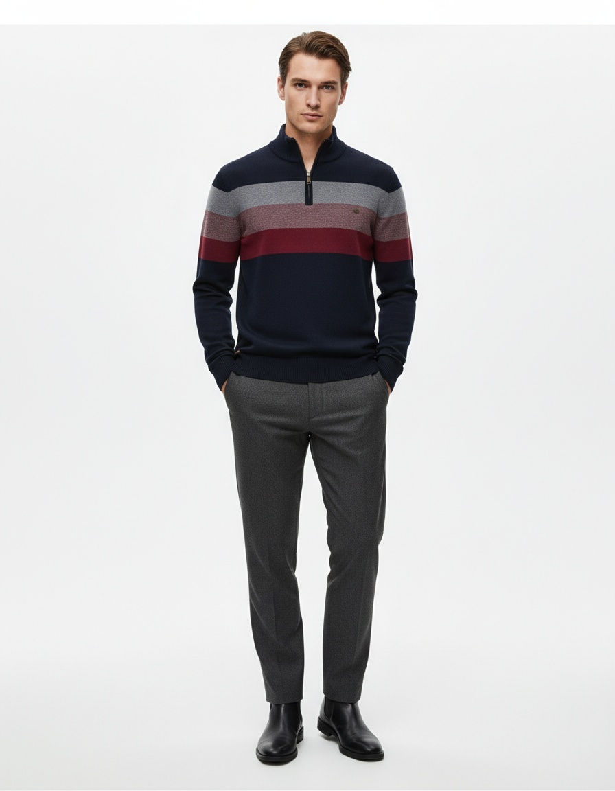 Premium Stand-up Collar Autumn and Winter Pullover Men's Sweater with Open Chest Detail