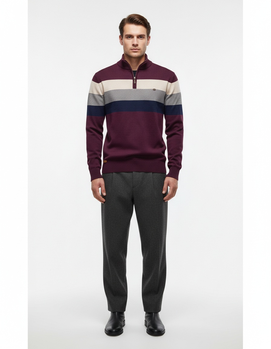 Premium Stand-up Collar Autumn and Winter Pullover Men's Sweater with Open Chest Detail