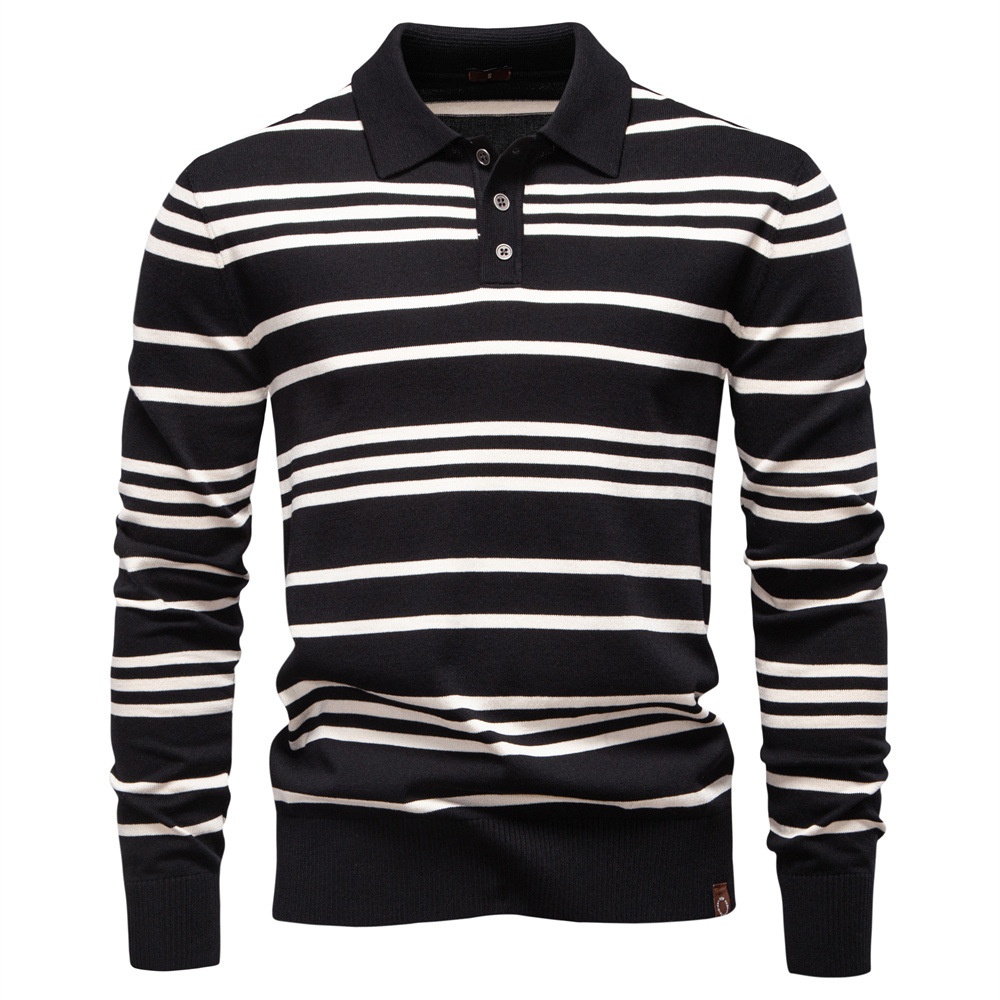 Striped Knit Polo Collar Men's Sweater for Autumn and Winter Casual Wear