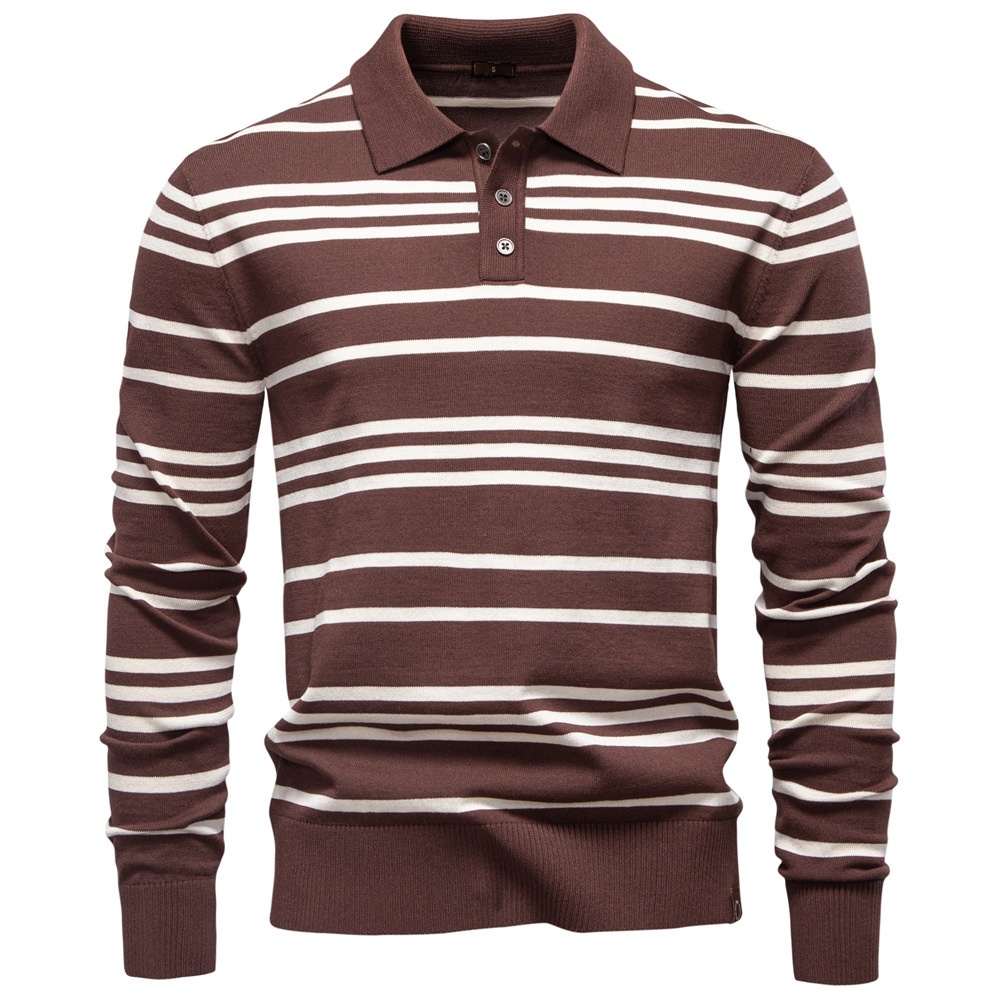 Striped Knit Polo Collar Men's Sweater for Autumn and Winter Casual Wear