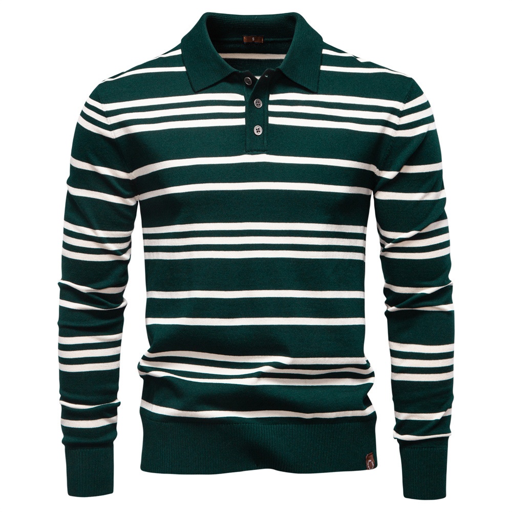 Striped Knit Polo Collar Men's Sweater for Autumn and Winter Casual Wear