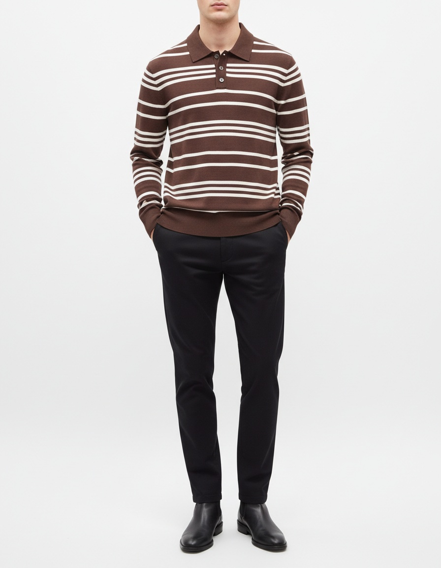 Striped Knit Polo Collar Men's Sweater for Autumn and Winter Casual Wear