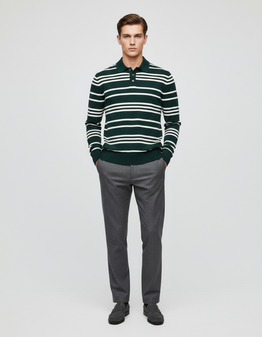 Striped Knit Polo Collar Men's Sweater for Autumn and Winter Casual Wear