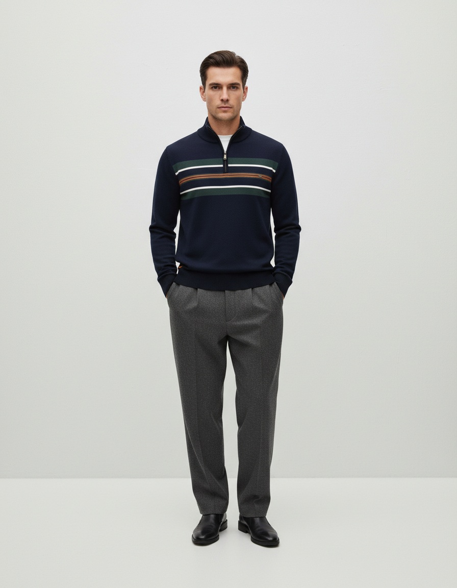 Striped Half-Zip Breathable Men's Sweater for Casual Autumn and Winter Wear